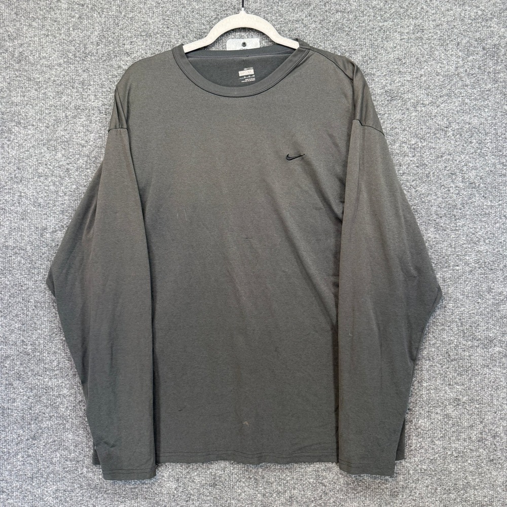 Nike Long Sleeve Tshirt Mens XL Gray Embroidered Swoosh Relaxed Fit Athletic